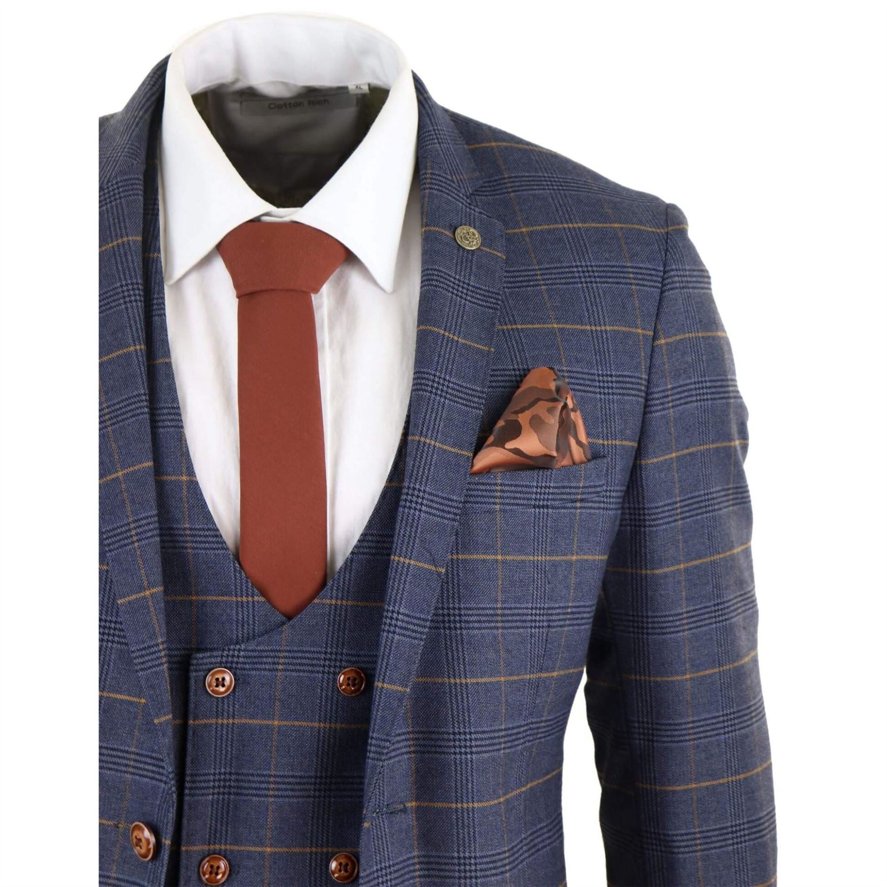 Mens 3 Piece Navy Blue Tan Check Double Breasted Waistcoat Formal Suit Classic