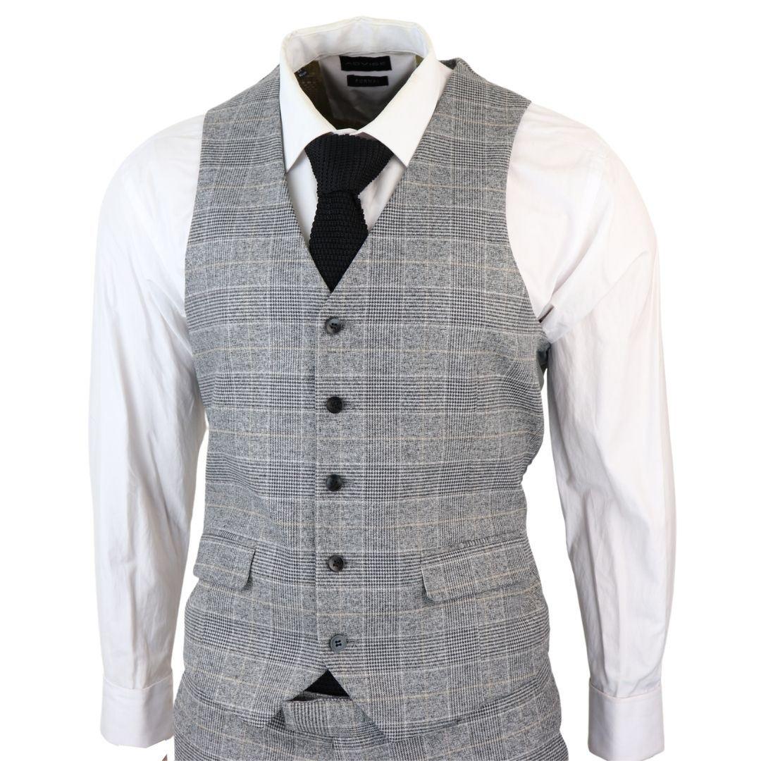 Men's Grey 3 Piece Suit Prince Of Wales Check Formal Business Dress Suits - Knighthood Store