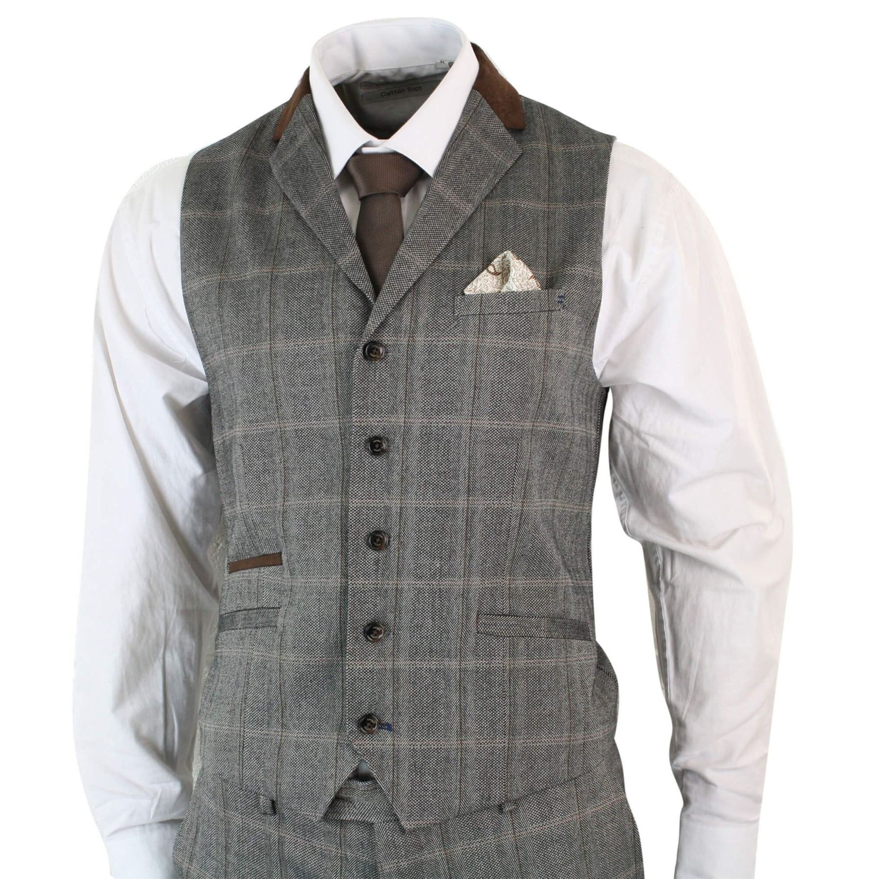 Mens Check Tweed Wool 3 Piece Tan Brown Beige Suit Vintage Retro Tailored Fit