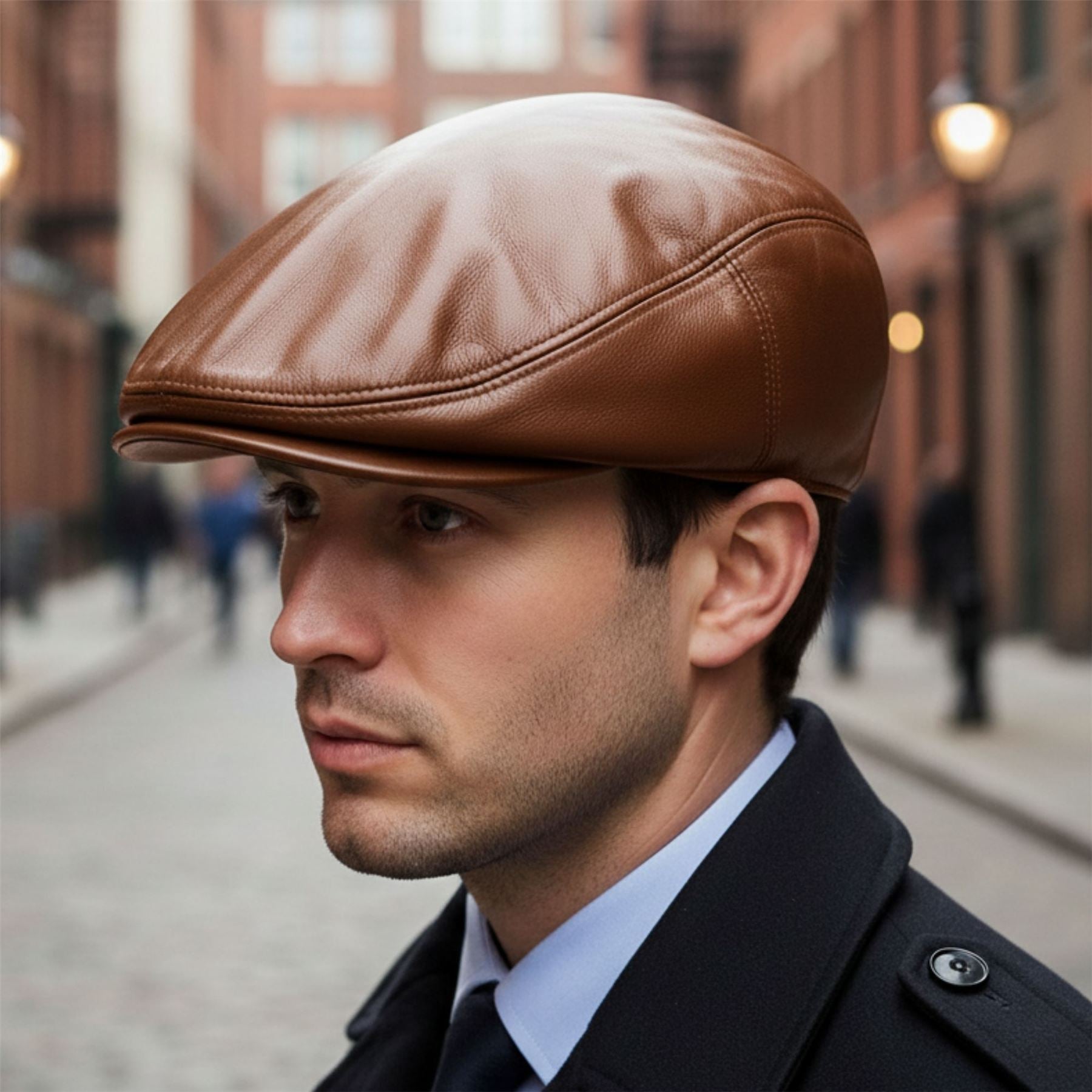 Men's Real Leather Ivy Newsboy Peaked Flat Cap