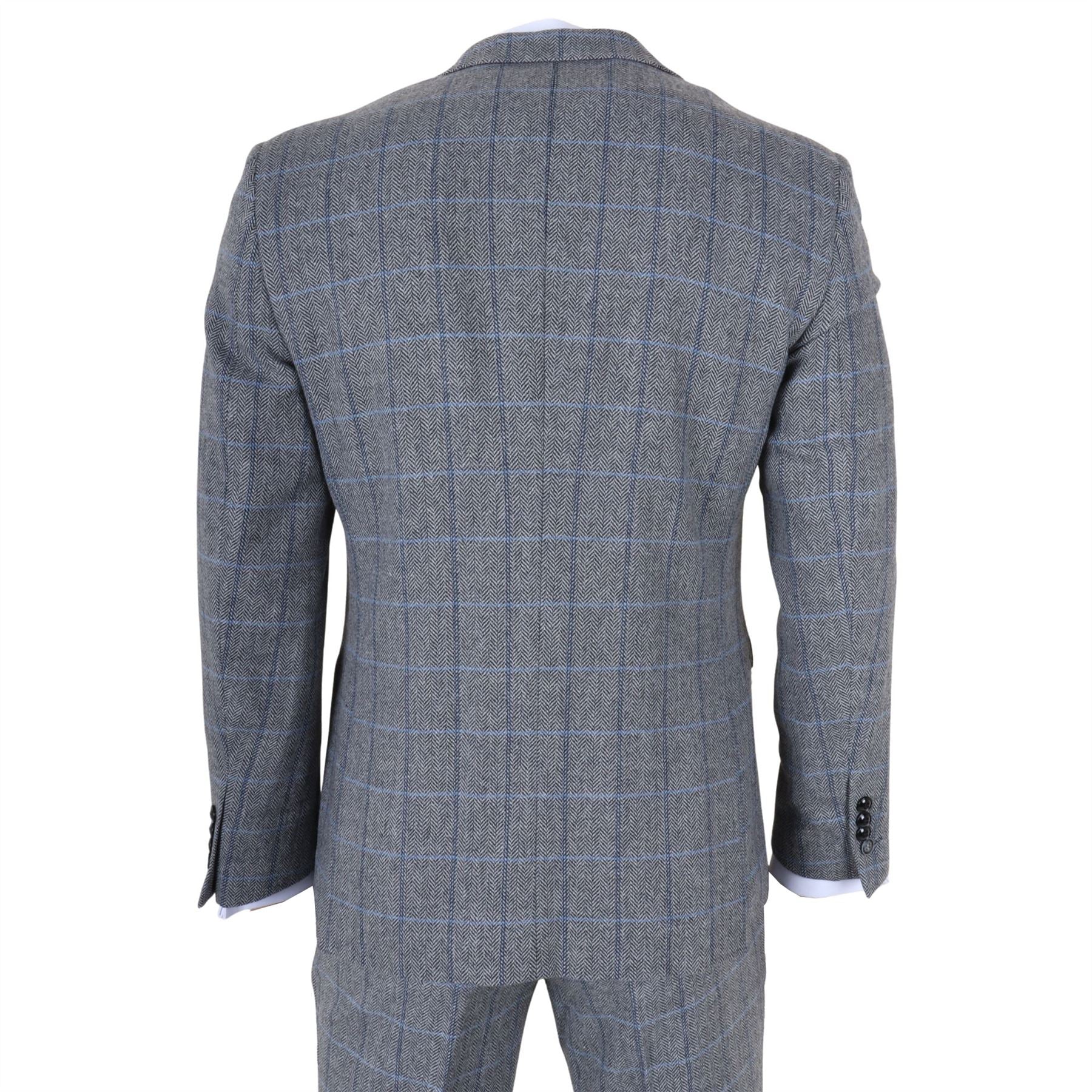 Harris - Men's Grey 3 Piece Herringbone Check Tweed Suit