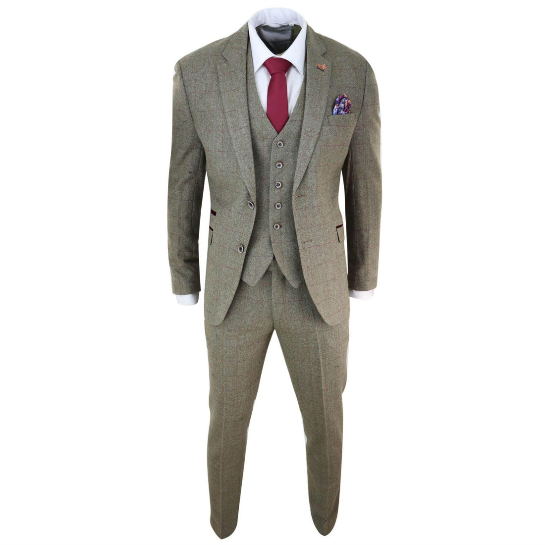 Mens Tweed Check Olive Green Wine Suit Tailored Fit Wedding - Knighthood Store