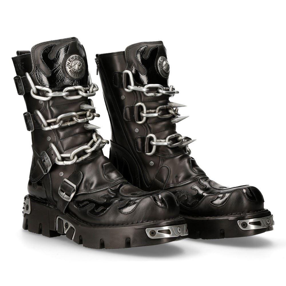 New Rock Mens Black Leather Skull Flame Reactor Boots M.727 S1