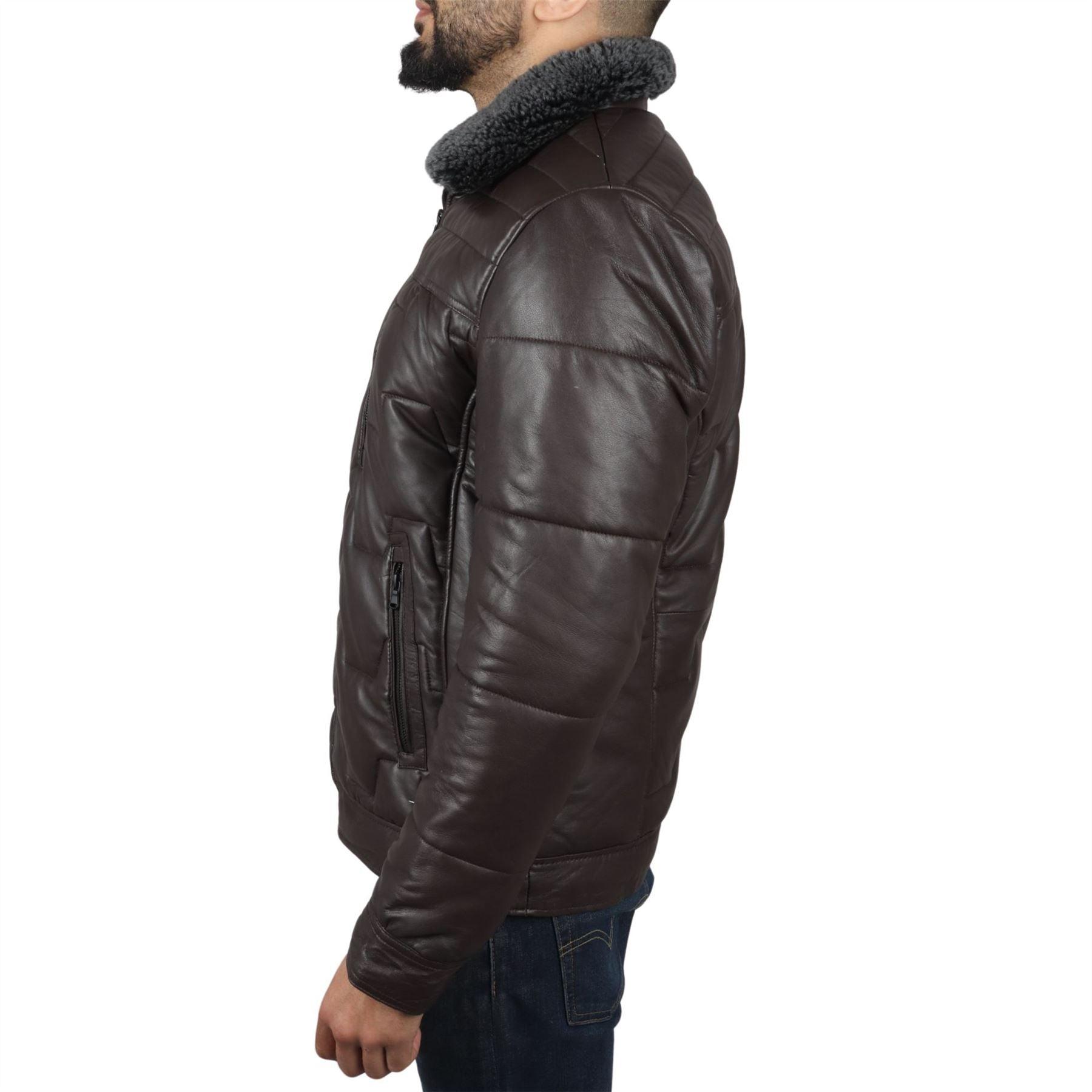 Men's Quilted Padded Real Leather Safari Parka Coat Jacket Fleece Collar - Knighthood Store