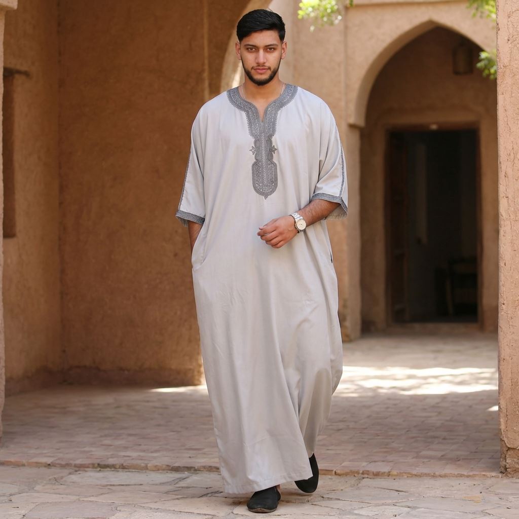 Men's Half Sleeve Embroidery Moroccan Thobe