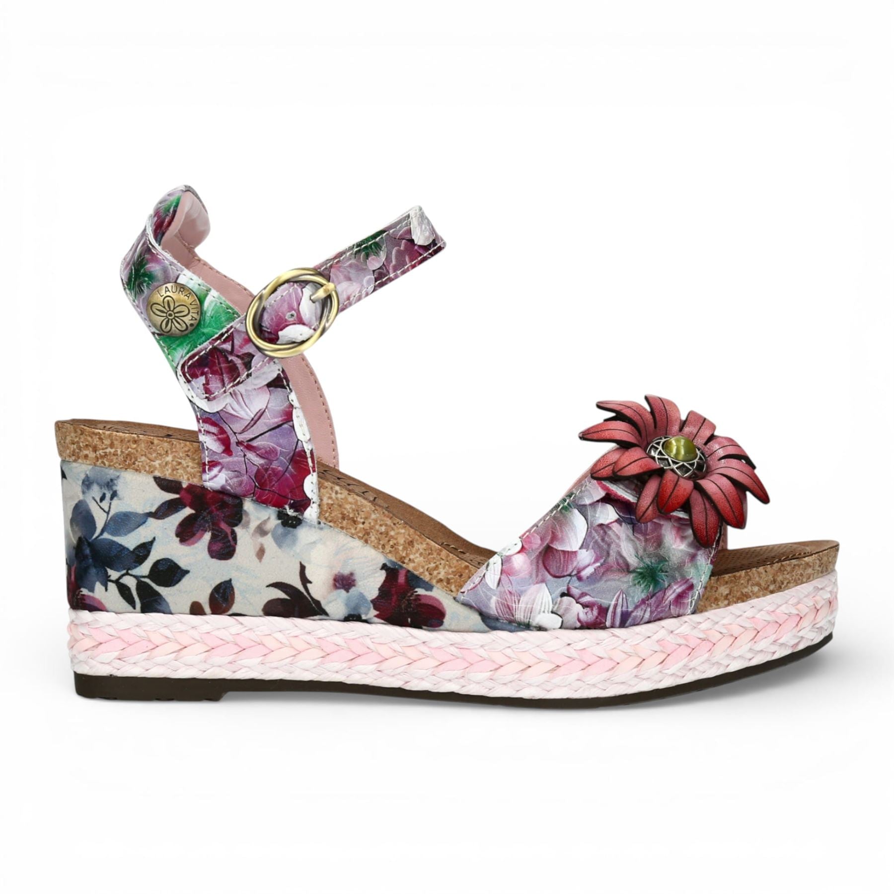 Facyo 75 - Women's Purple Floral Leather Wedge Sandals