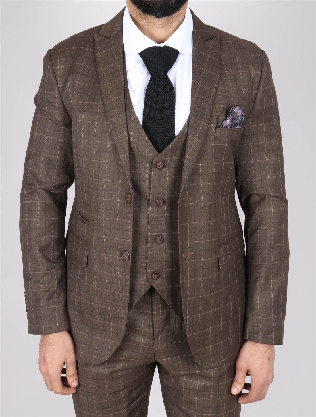 Men's Brown Suit Prince Of Wales Check Tailored Fit 3 Piece Formal Dress - Knighthood Store