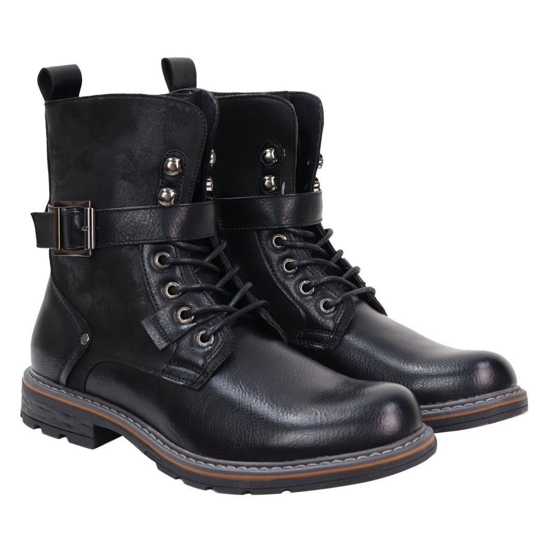 Mens Boots Black Tan Motorcycle Punk Rock Casual Laced Buckle Leather Vintage - Knighthood Store
