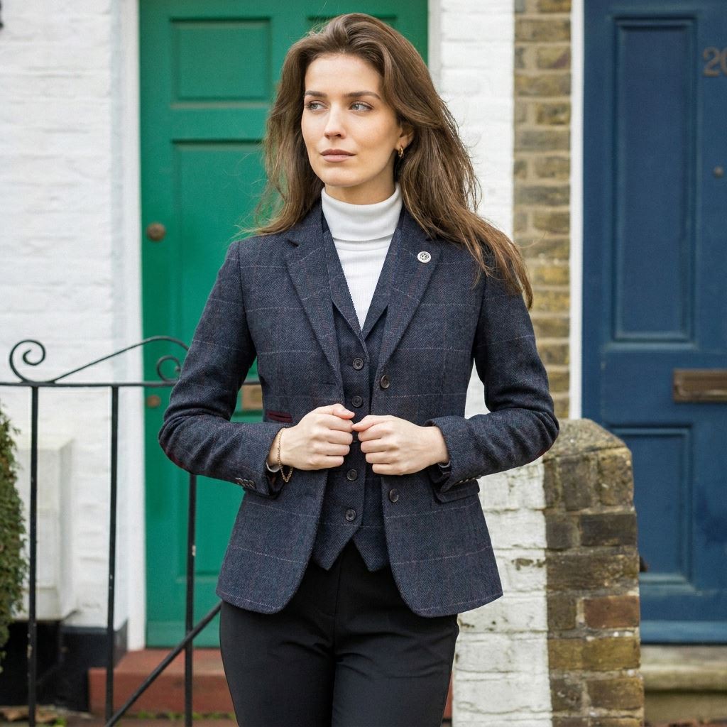 TPW-32 - Women's Navy Wool Blend Tweed Blazer Waistcoat