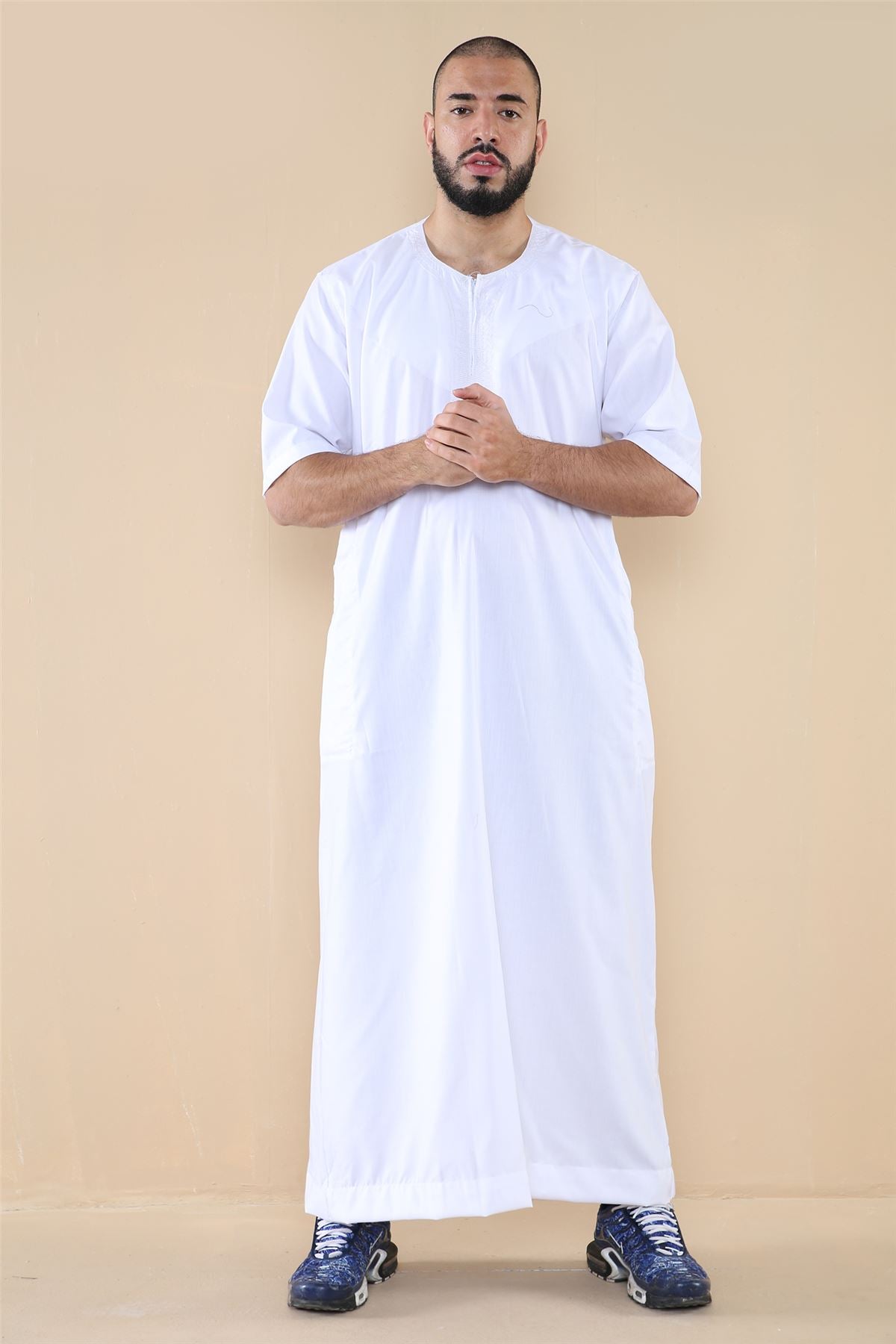 Mens Thobe Jubba Islamic Clothing Kaftan Half Sleeve Robe Moroccan Arab Zipped