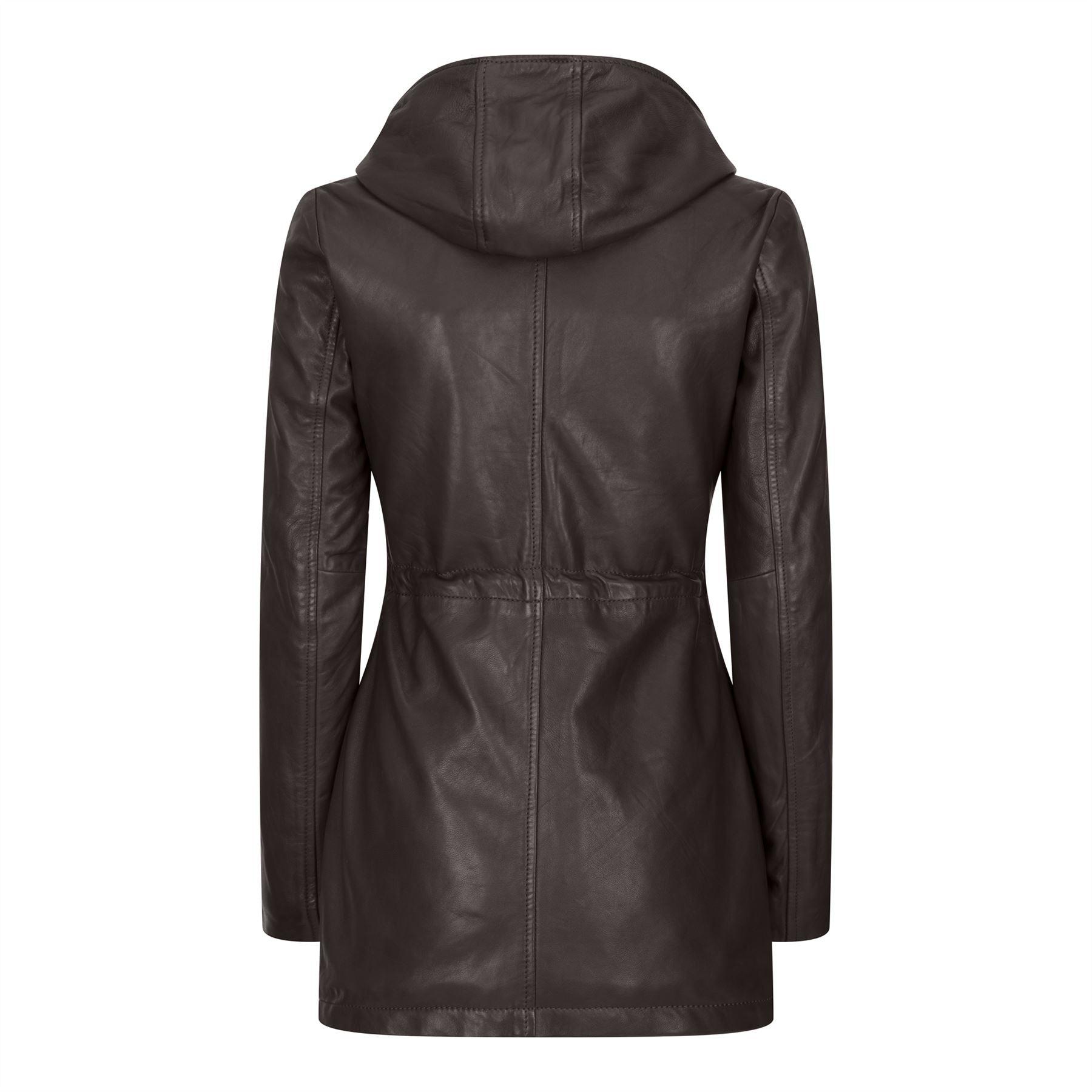 Womens Real Leather Peacoat Hooded Parka Jacket Navy Blue Brown Tailored Fit 3/4 Long - Knighthood Store