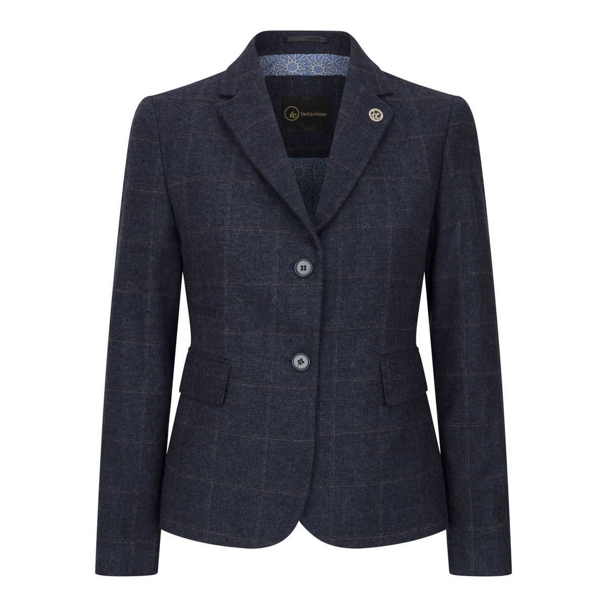 Women's Navy Blue Wool Blend Tweed Checkered Blazer Waistcoat - UK 8 / Blazer