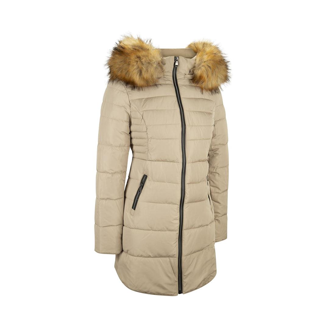 Ladies 3/4 Parka Jacket Fur Hood Zipped Padded Puffer Black Beige Winter - Knighthood Store