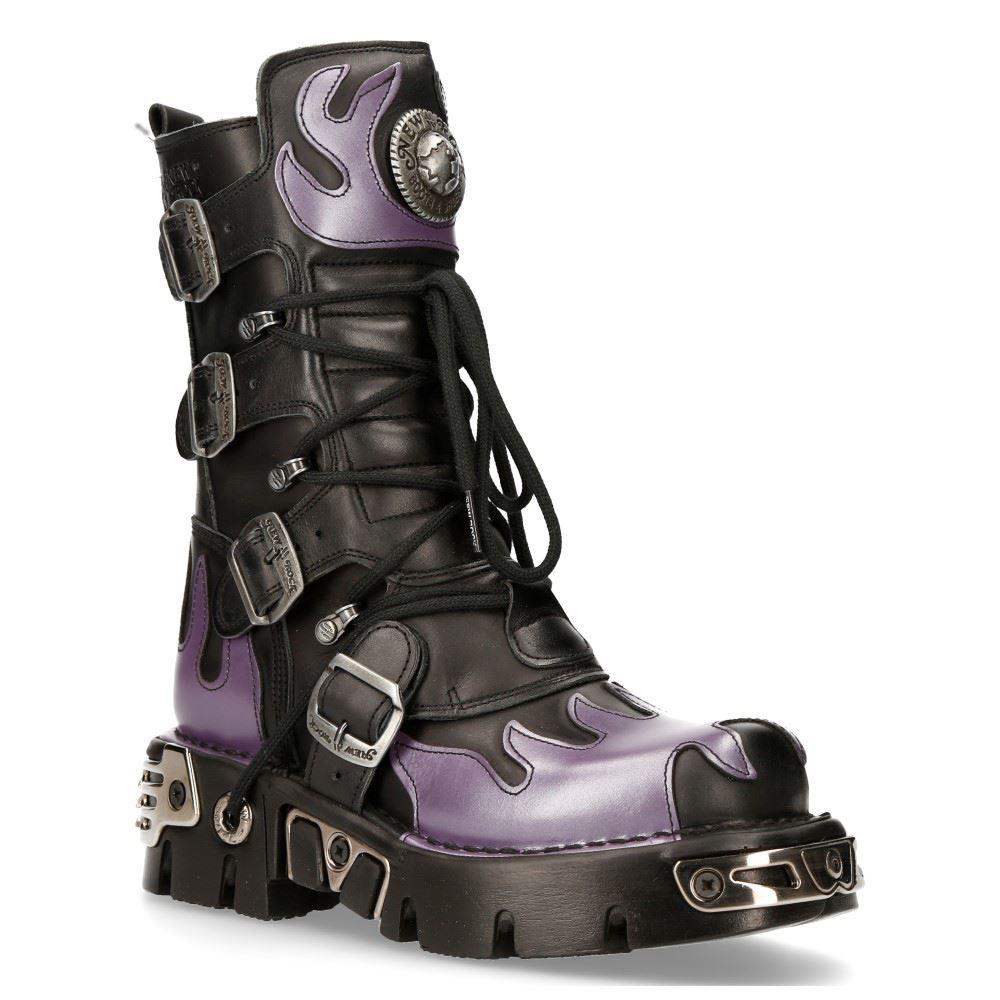 New Rock M-591-s5 Purple Flame Punk Boots Black Leather Gothic Heavy Biker - Knighthood Store