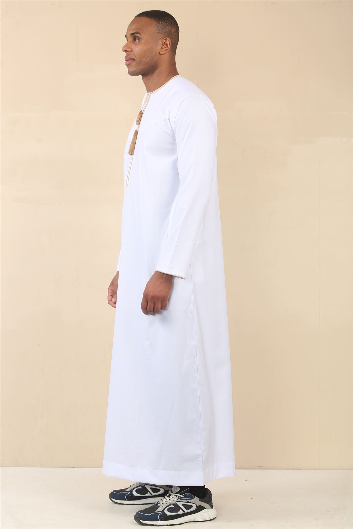 Men's Thobe Emirati Omani Jubba Islamic Clothing Muslim Kaftan Eid Robe Arab Gold Tassel Embroidery