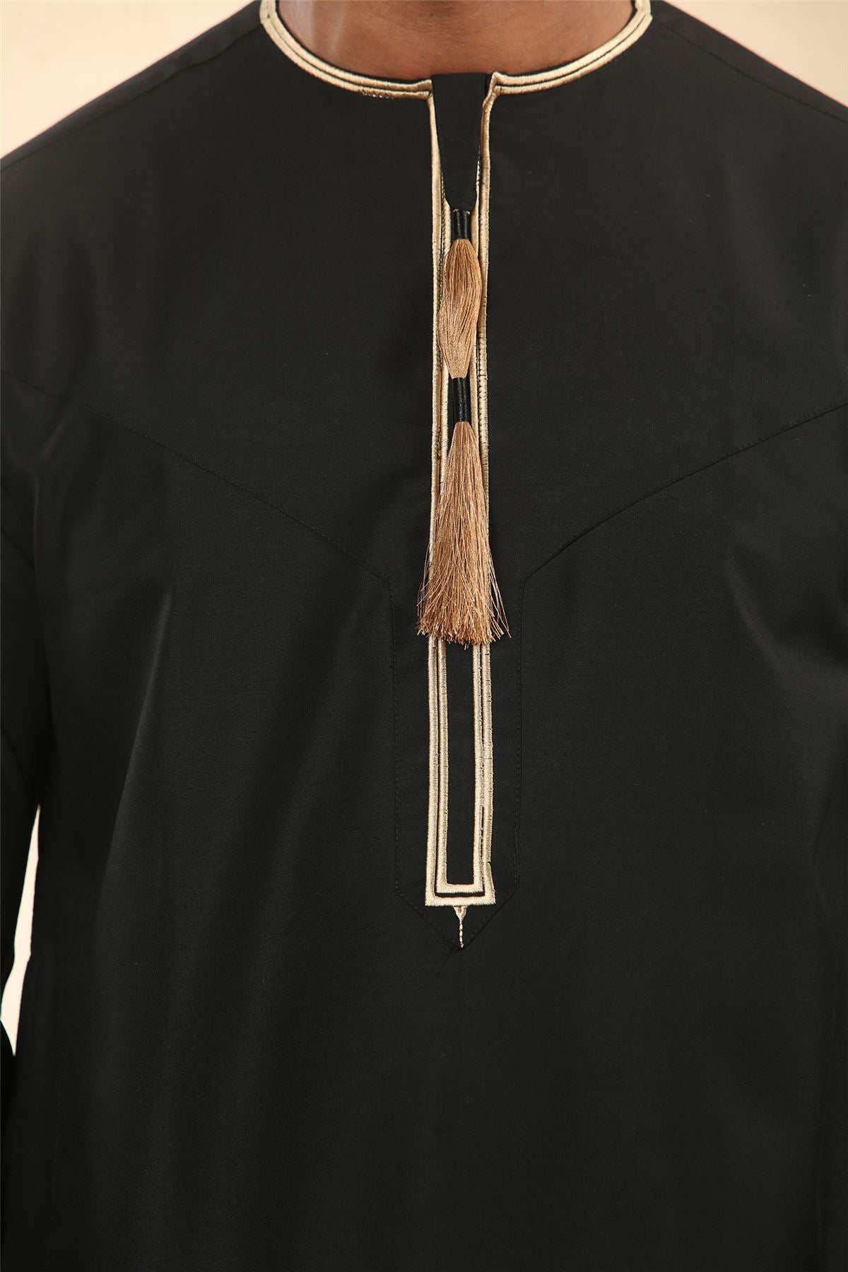 Men's Thobe Emirati Omani Jubba Islamic Clothing Muslim Kaftan Eid Robe Arab Gold Tassel Embroidery