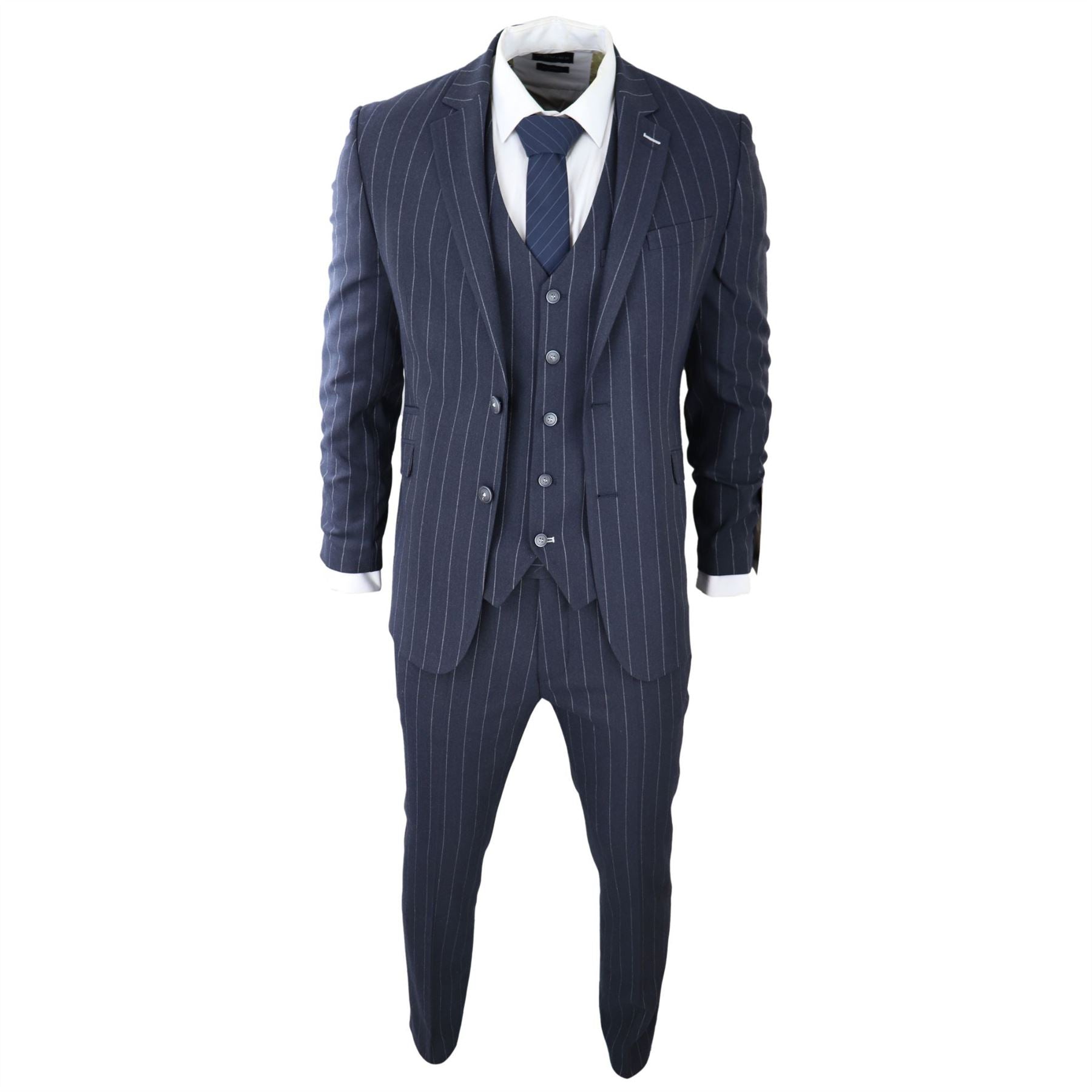 Mens 3 Piece Suit Pin Stripe Navy Classic Vintage Retro 1920s Tailored Fit Wedding