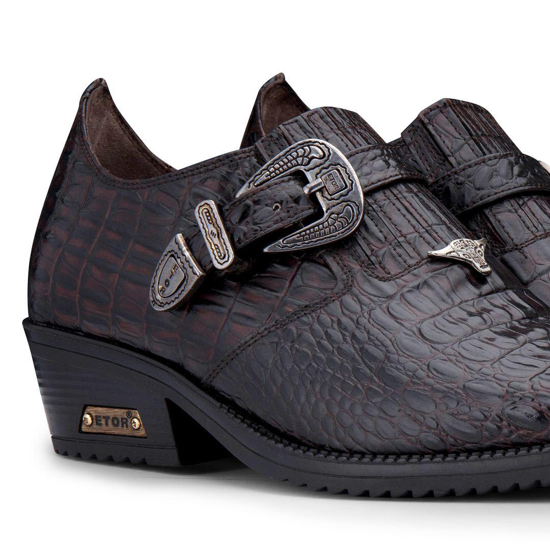 Mens Genuine Leather Western Shoes Croc Metal Belt Cuban Heel Dancing Riding Wincklepickers - Knighthood Store