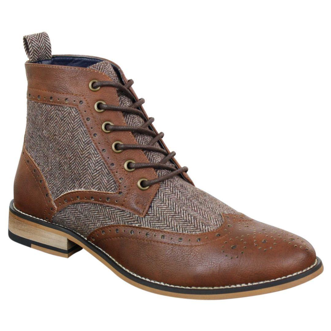 Mens Leather Tweed Herringbone Ankle Boots Shoes Blinders Sherlock Vintage Classic - Knighthood Store
