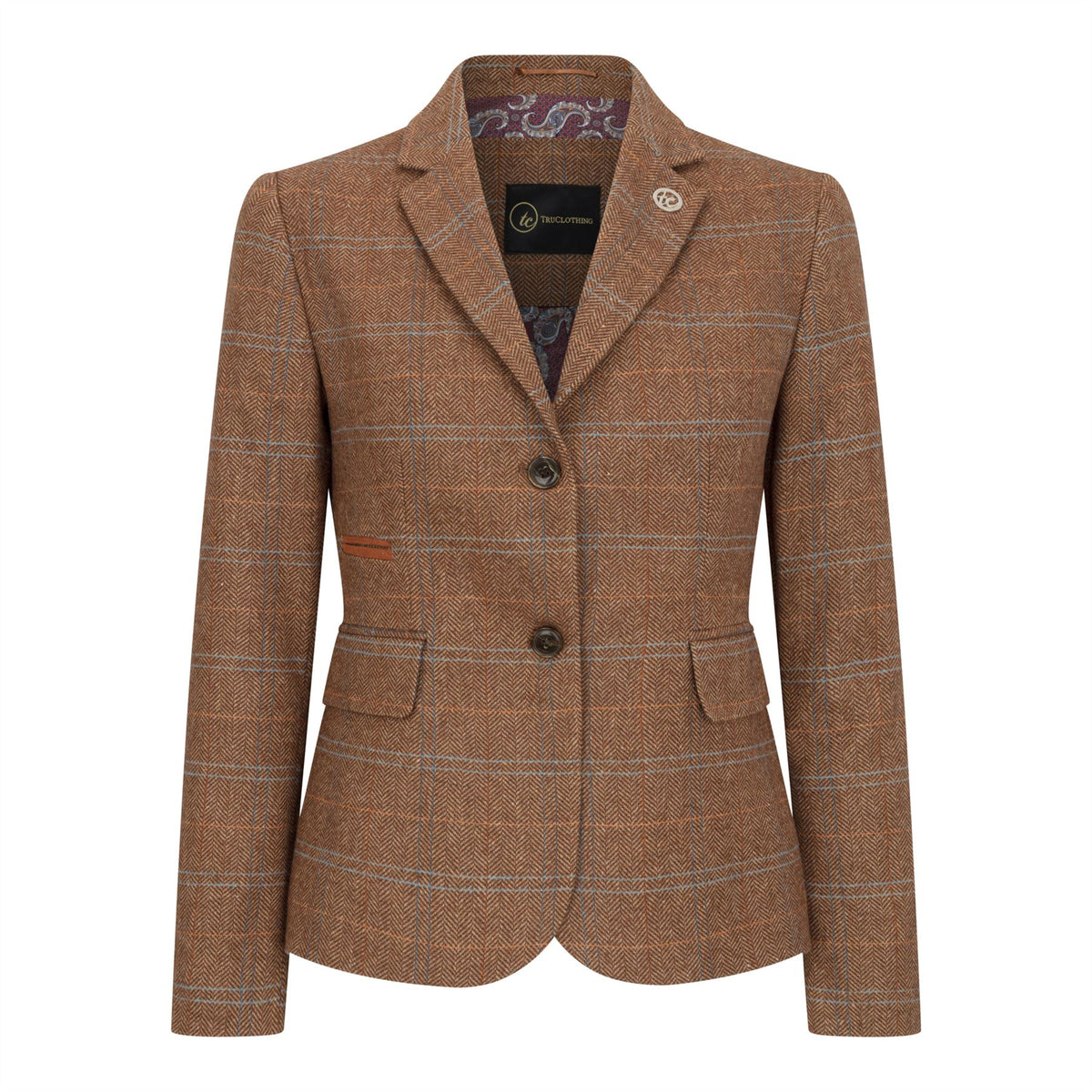 Women's Oak Brown Wool Blend Tweed Herringbone Checkered Blazer Waistcoat - UK 8 / Blazer