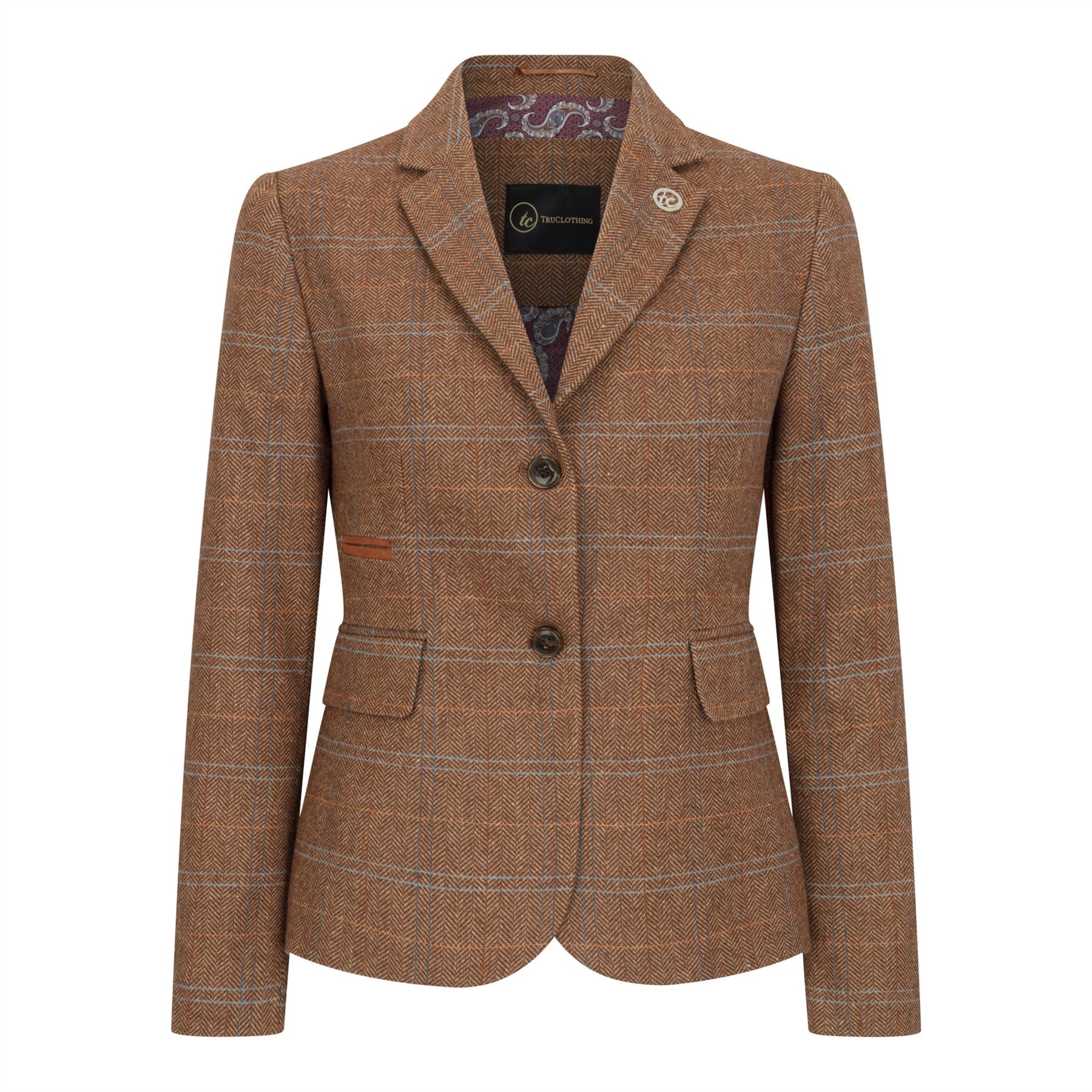Women's Oak Brown Wool Blend Tweed Herringbone Checkered Blazer Waistcoat