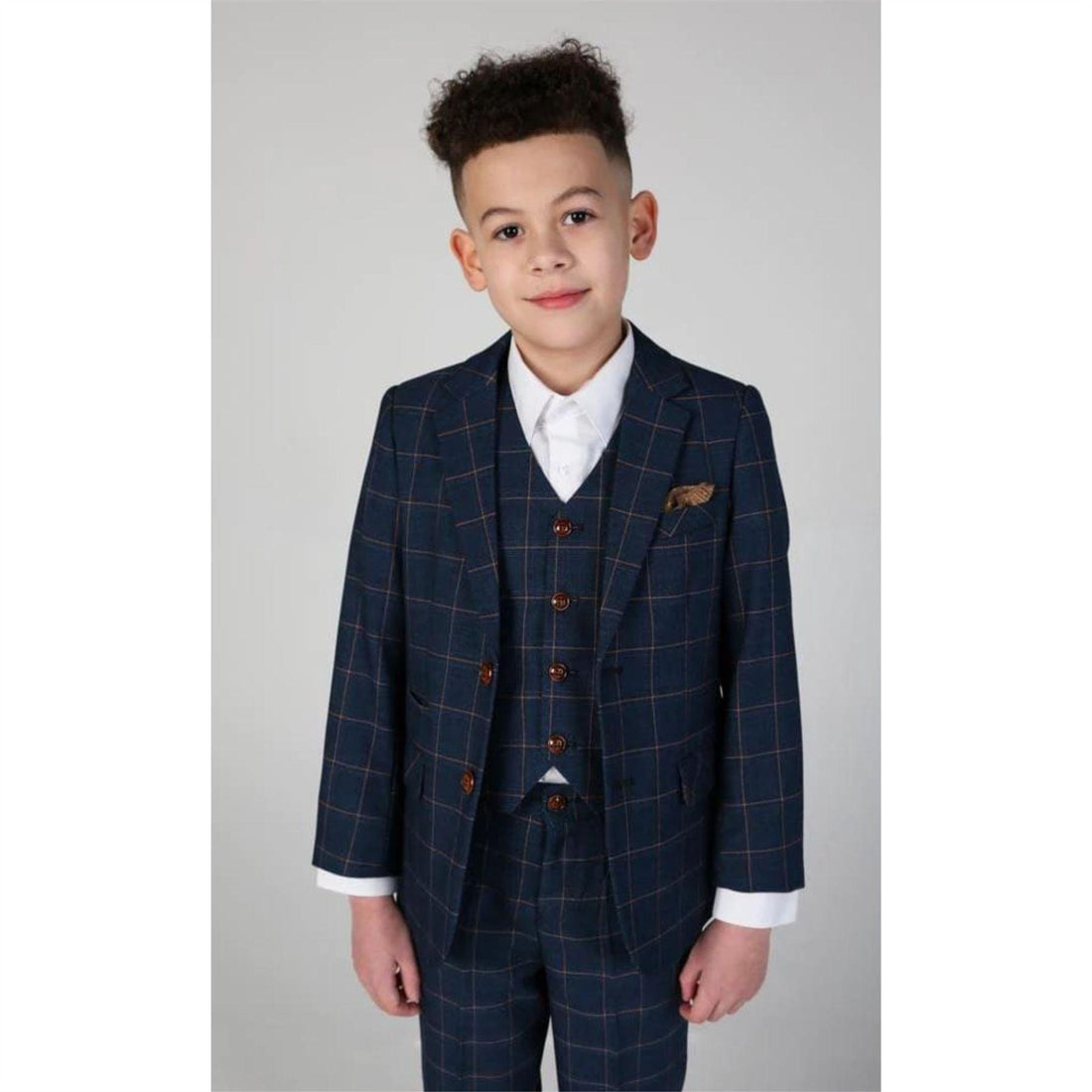 Boys 3 Piece Suit Blue Orange Check - Knighthood Store