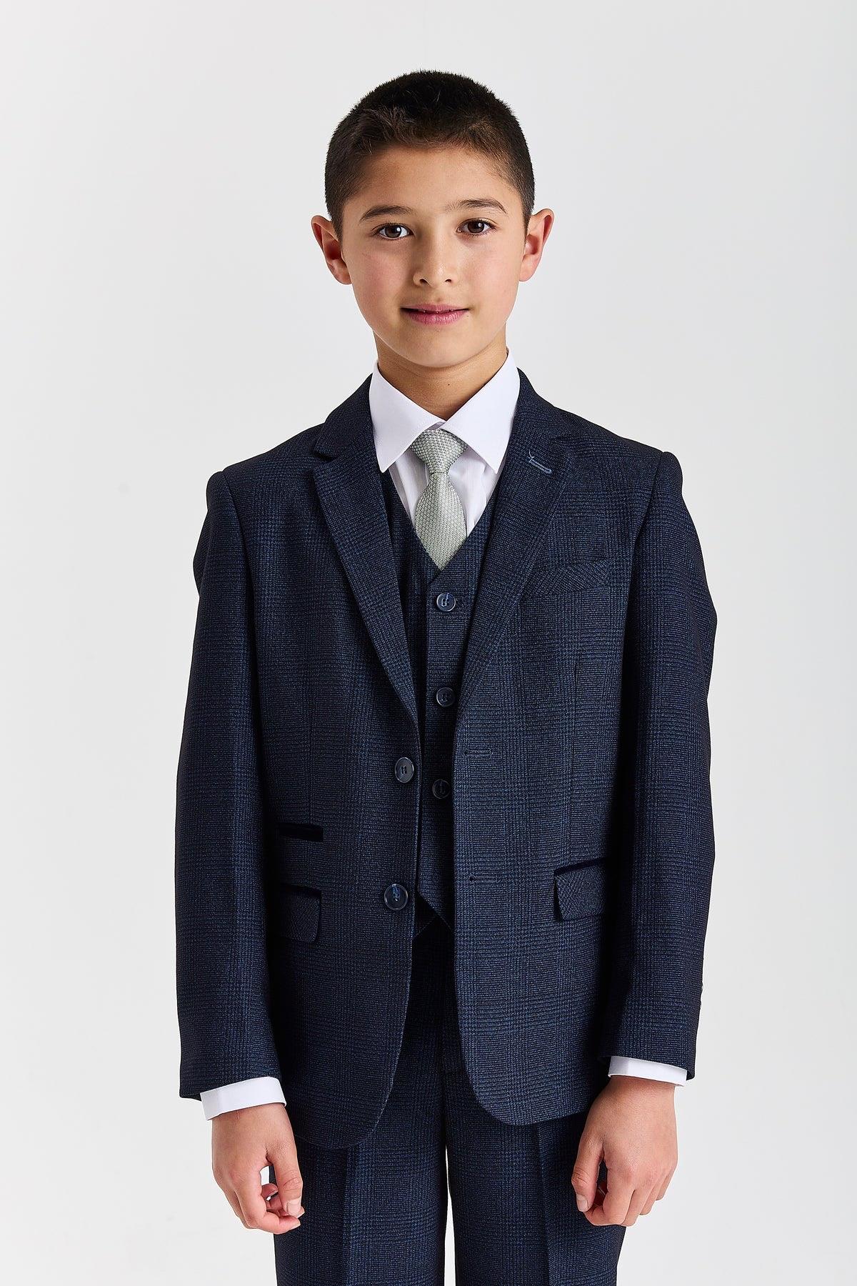 Regent - Boys Navy Blue 3 Piece Prince Of Wales Checked Suit