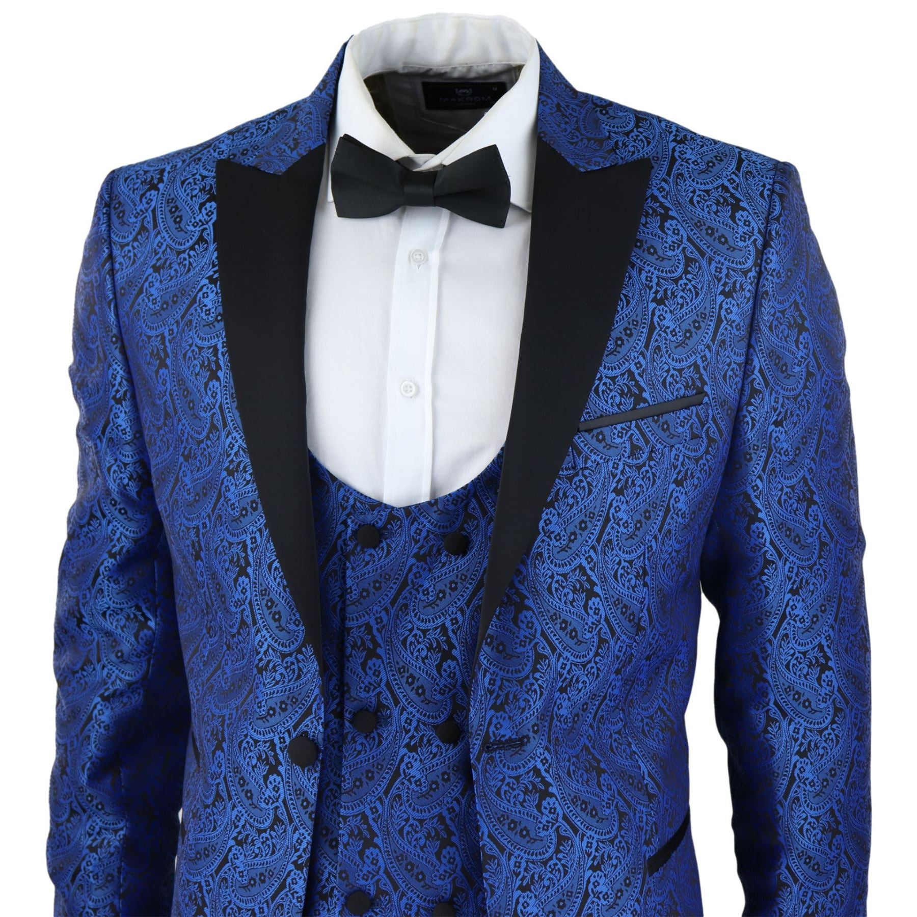 Mens Paisley Tuxedo Blazer And Waistcoat Brocade Dinner Jacket Satin Black Blue
