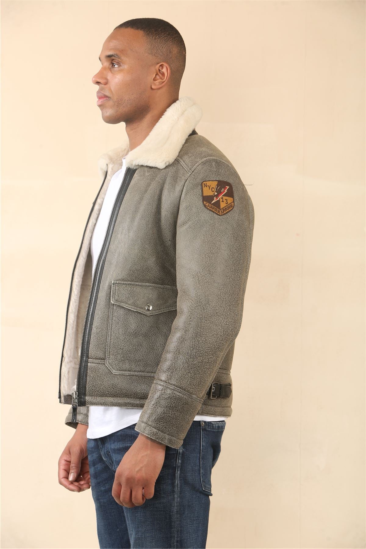Men's Grey B3 Shearling Aviator Sheepskin Jacket
