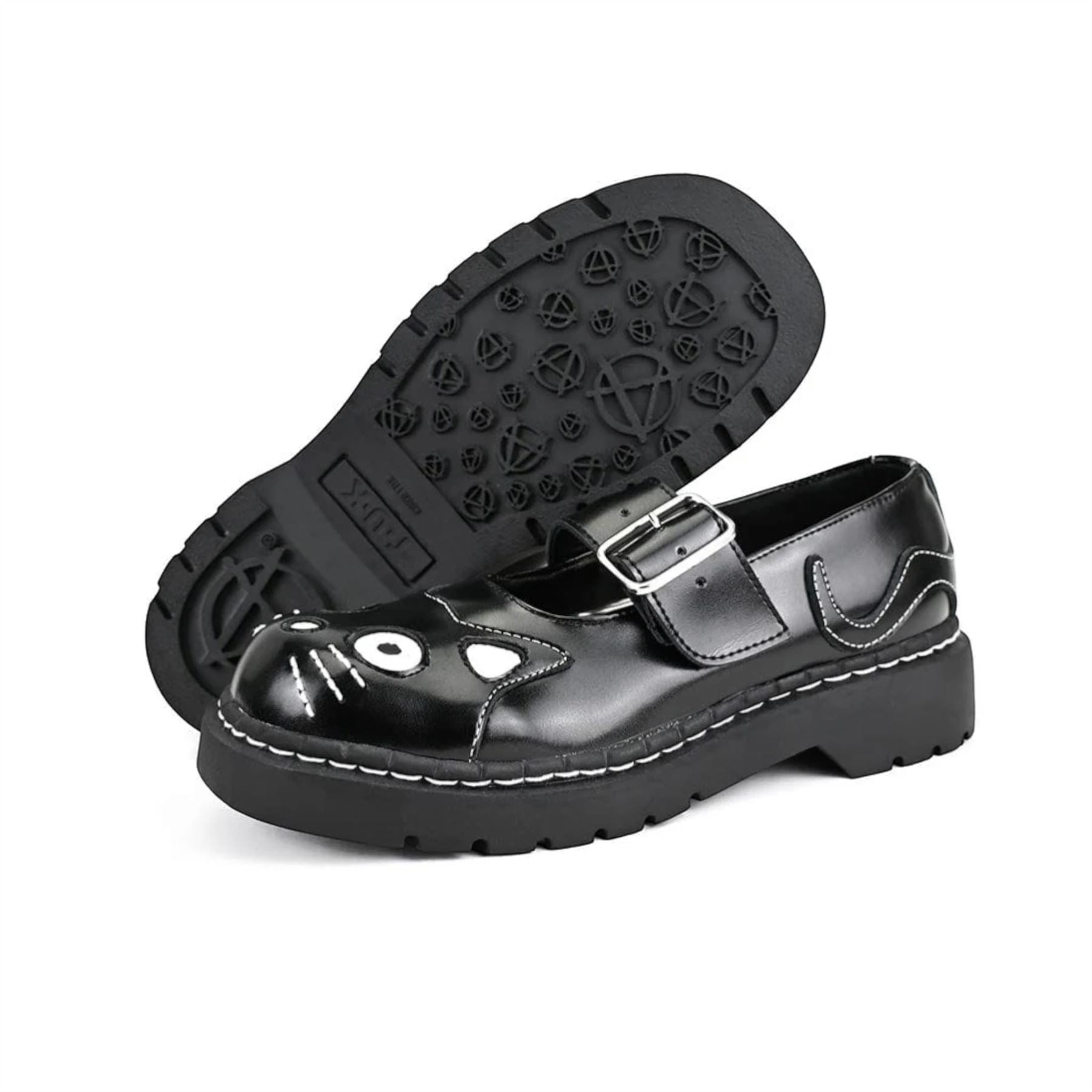 Women's Mary Jane Kitty Black Leather Platform Goth Shoes