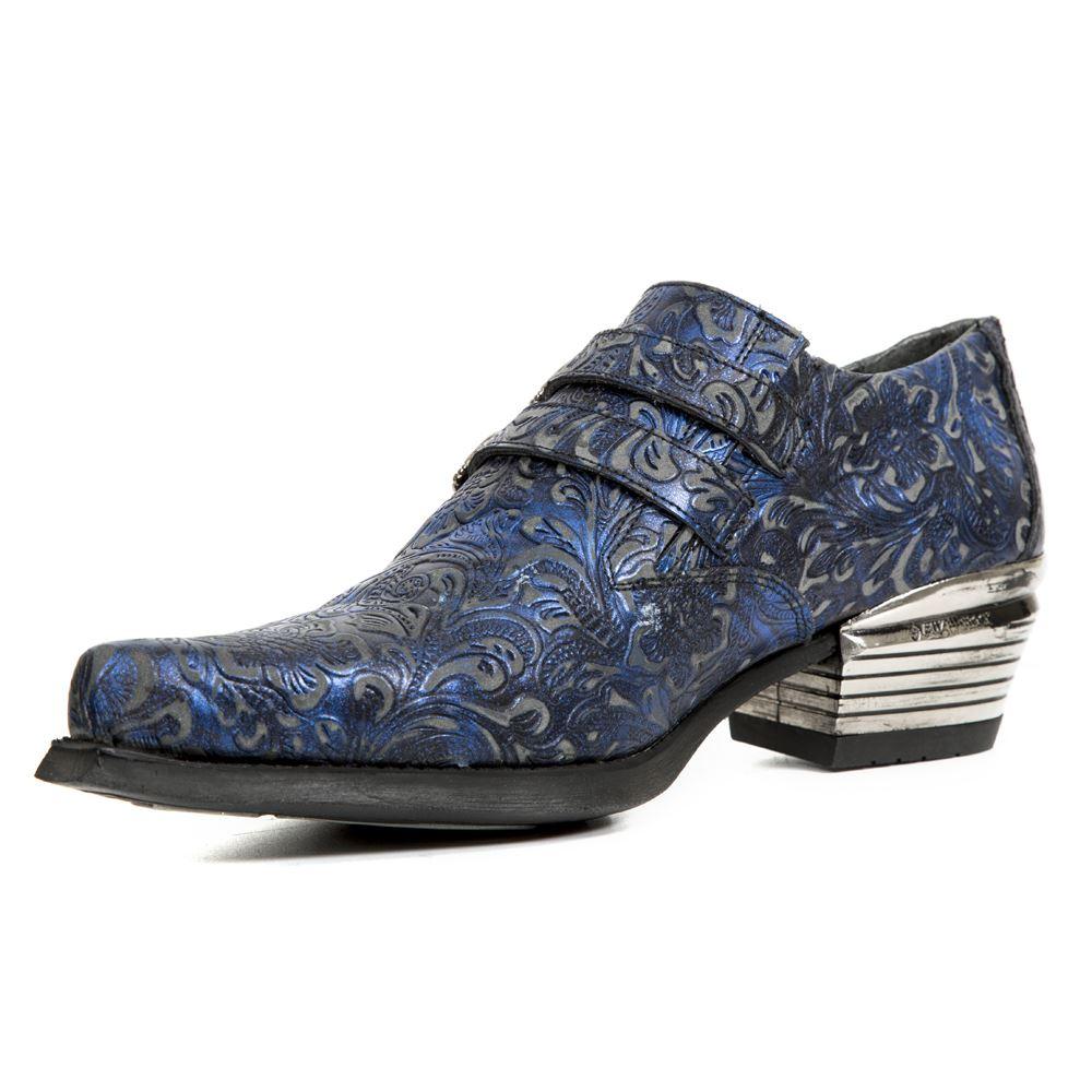 New Rock 7960-s7 Shoe Embossed Vintage Blue Leather Buckle Steel Heel Shoes - Knighthood Store