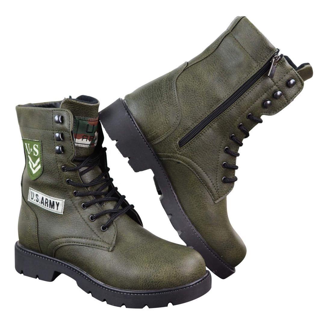 Mens US Military Army Laced Zip Ankle Boots Casual Combat Hiking PU Leather - Knighthood Store