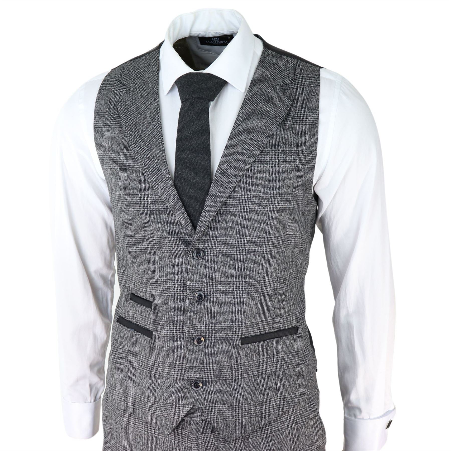 Mens Classic 3 Piece Suit Prince Of Wales Check Grey Tailored Fit Vintage Wedding