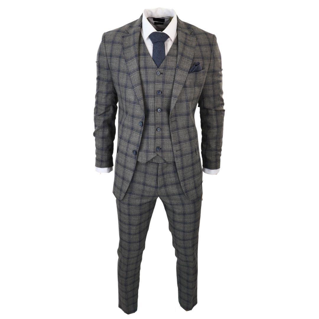 Men's Dark Grey 3 Piece Checked Suit Formal Business Dress Suits - Knighthood Store