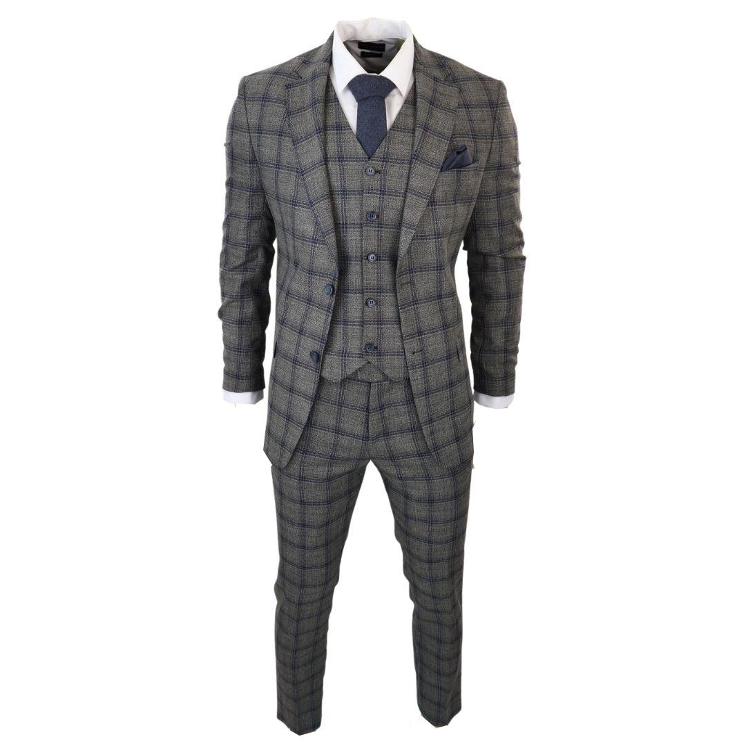 Men's Dark Grey 3 Piece Checked Suit Formal Business Dress Suits