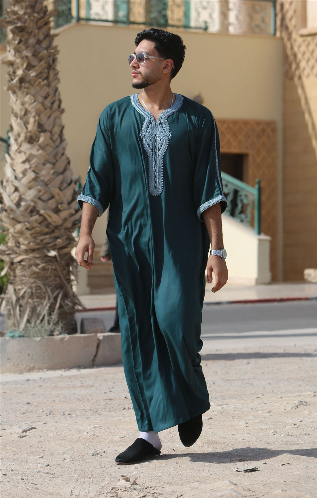 Men's Moroccan Thobe Short Sleeve Gandoura Embroidery Kaftan