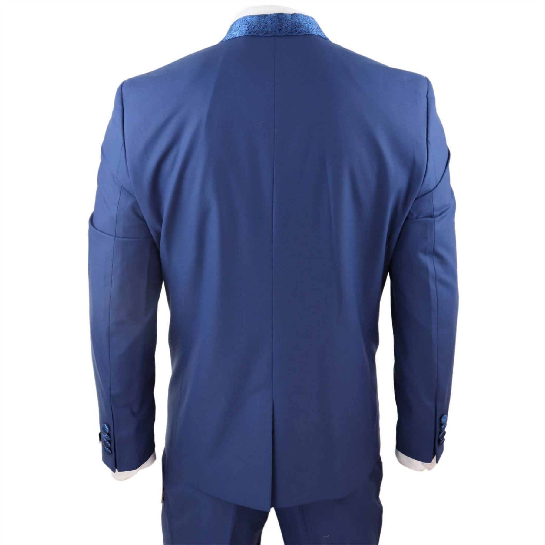 Mens 4 Piece Wedding Suit Groom Shawl Collar Vintage Blue Cravat Tailored Fit