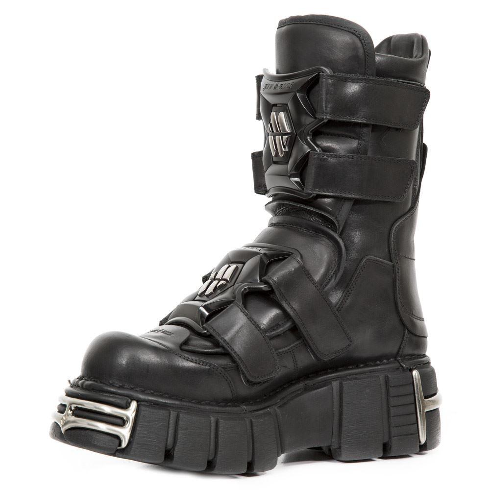 New Rock Boots M-422-S1 Unisex Metallic Black Leather Platform Gothic Boots - Knighthood Store