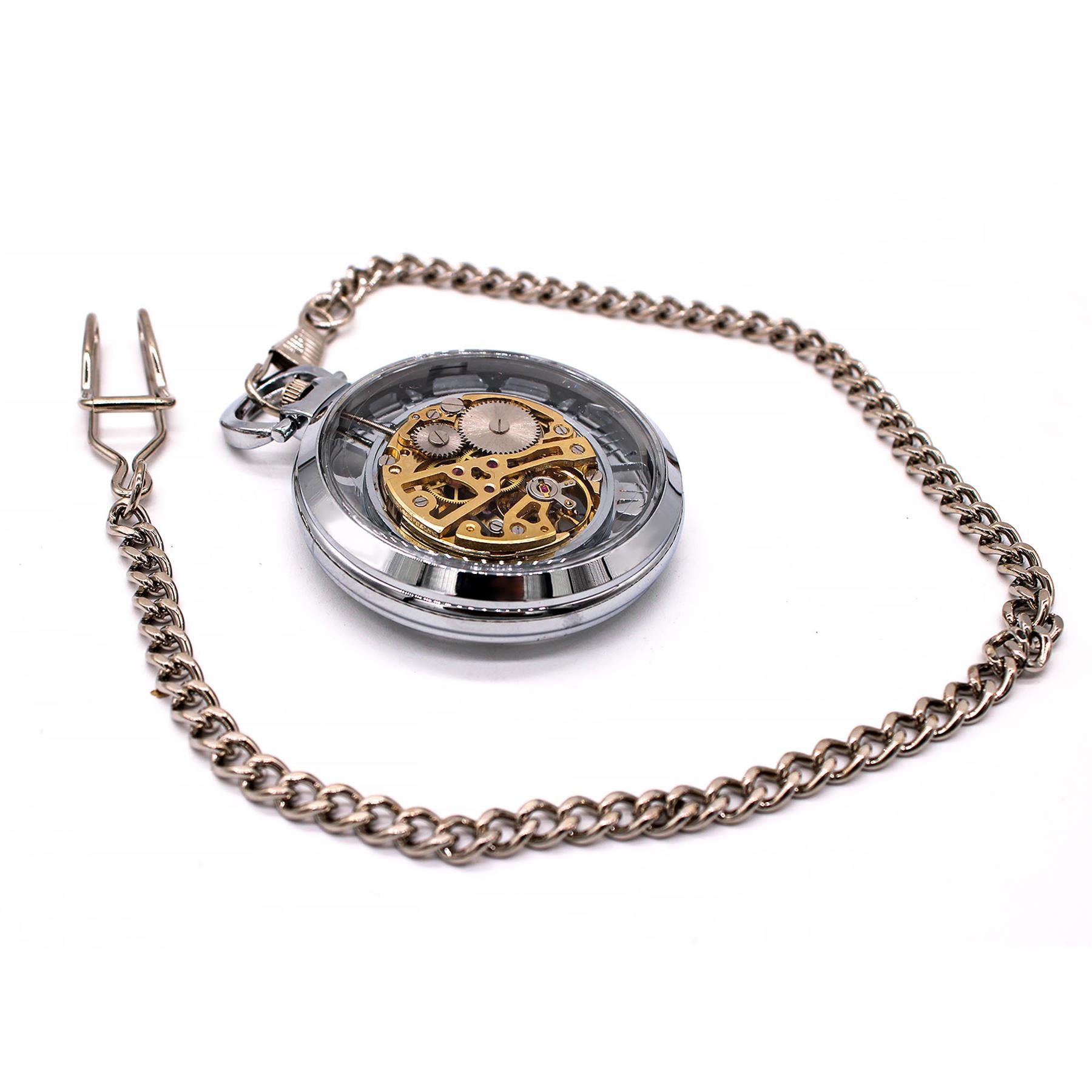 Mechanical Skeleton Open Face Silver Pocket Watch