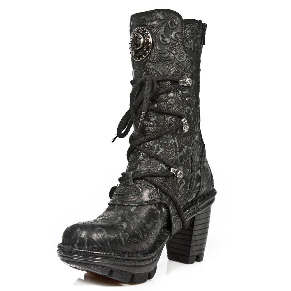 New Rock NEOTR005-S25 Vintage Floral Black Gothic Rock Punk Ladies Leather Boots - Knighthood Store