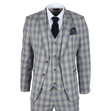 Men's Suit 3 Piece Grey Blue Checked Classic Plaid Tailored Fit Formal Dress