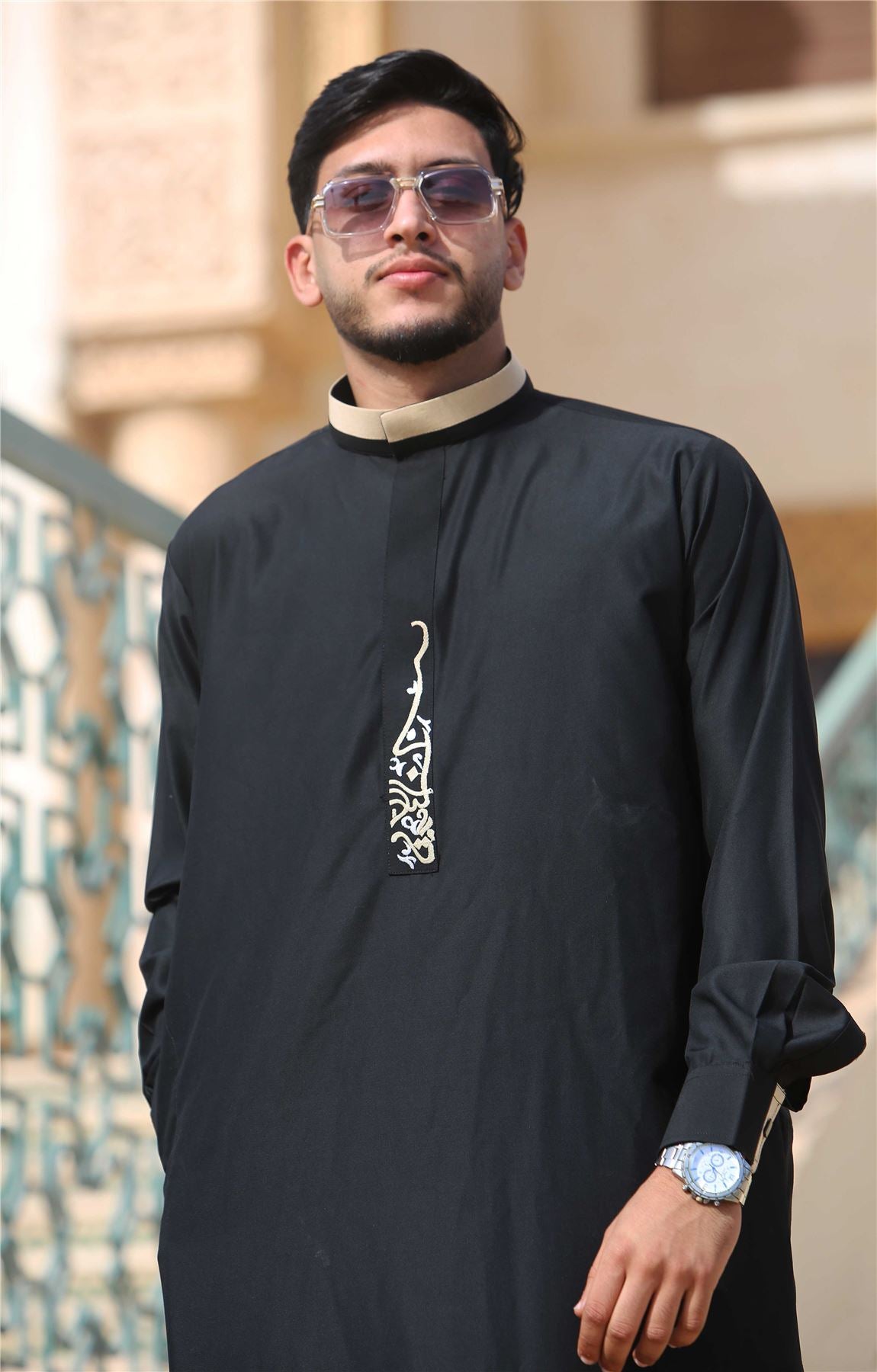 Men's Thobe Jubba Nehru Round Collar Islamic Clothing Muslim Kaftan Embroidery Eid Robe Saudi