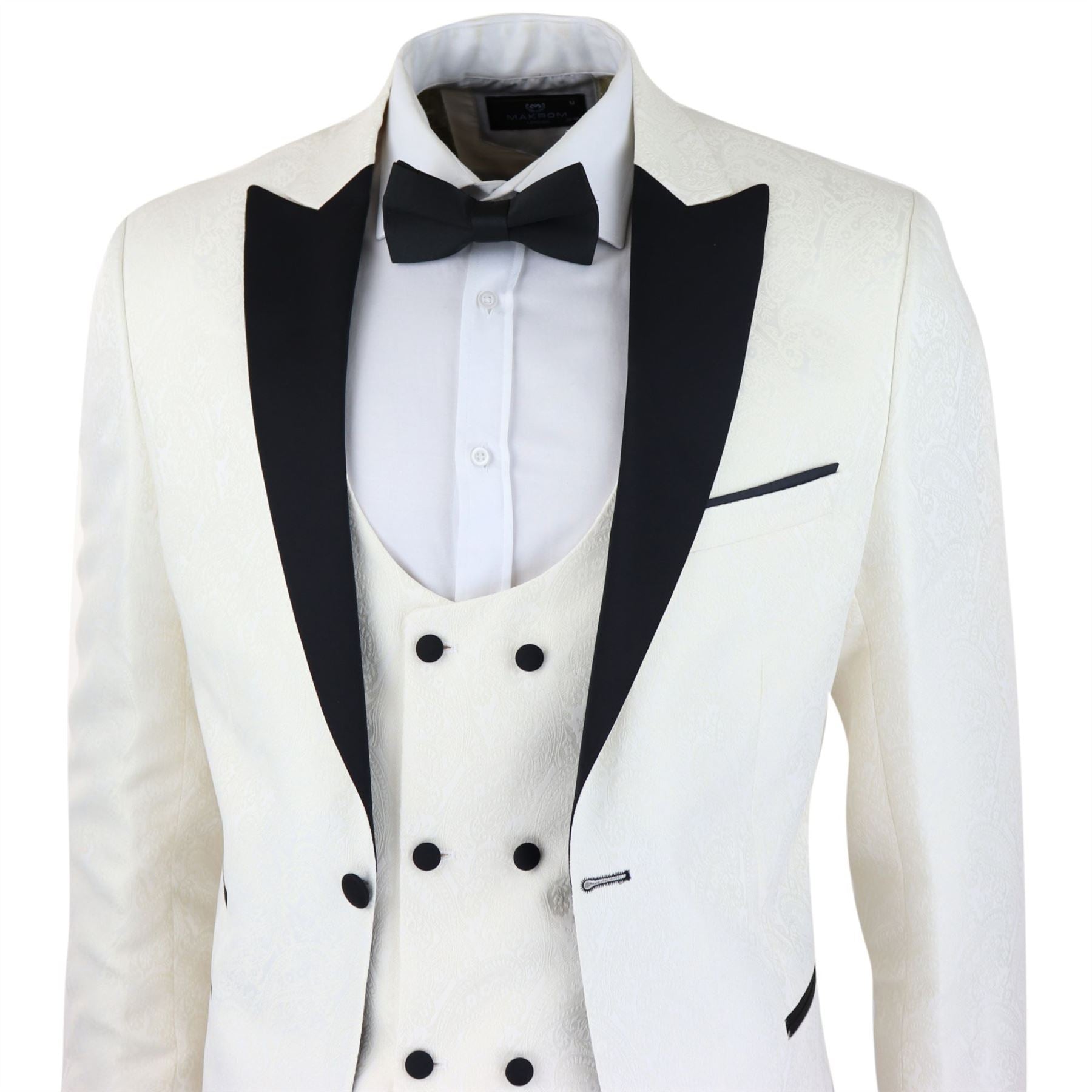Mens Paisley Tuxedo Blazer And Waistcoat Brocade Dinner Jacket Satin Ivory Black