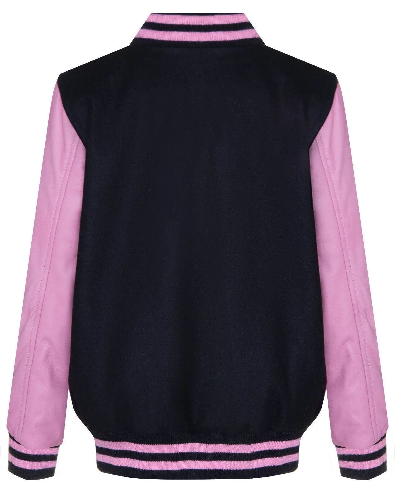 Kids Black Pink Varsity Bomber Jacket Wool Body Real Leather Sleeves