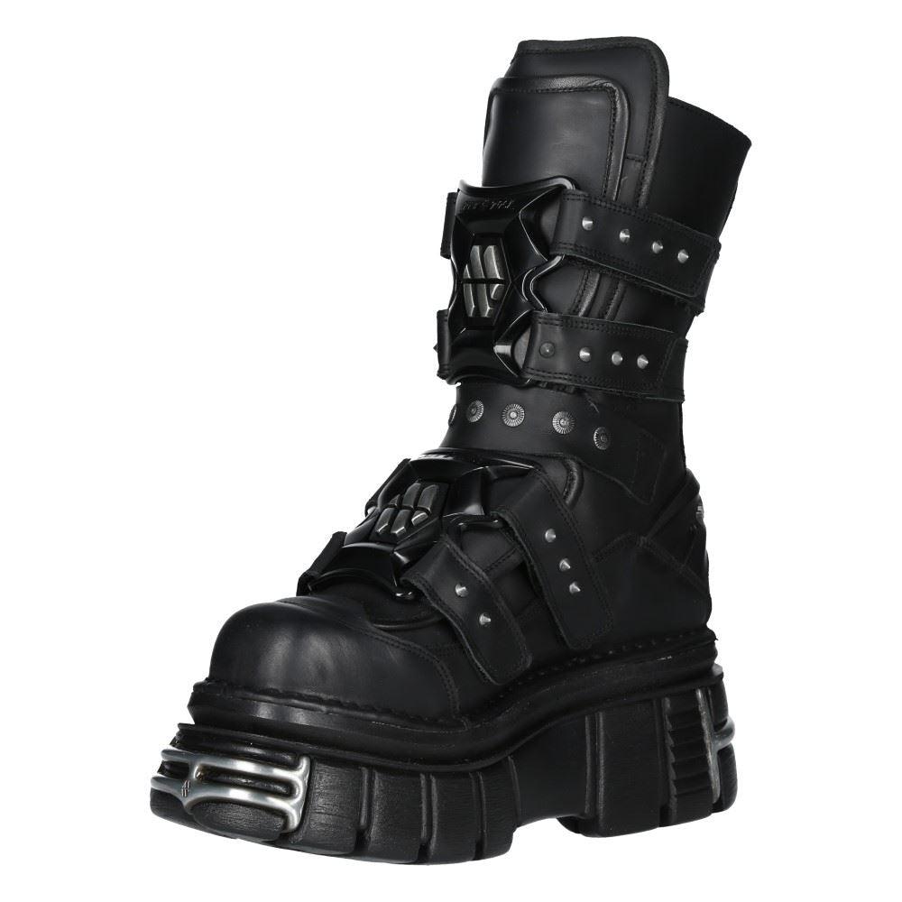 New Rock Boots M-MET422-S1 Unisex Metallic Black Leather Platform Gothic Boots - Knighthood Store