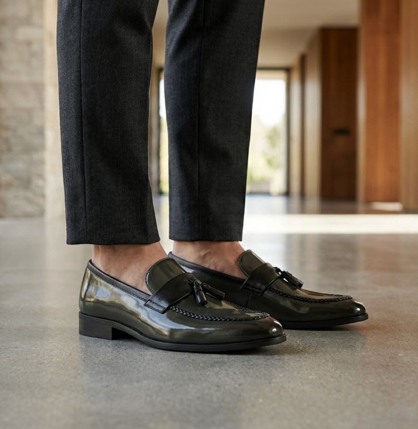 Men's Tassel Loafers High-Gloss Slip-On Moc Toe Formal Dress Shoes