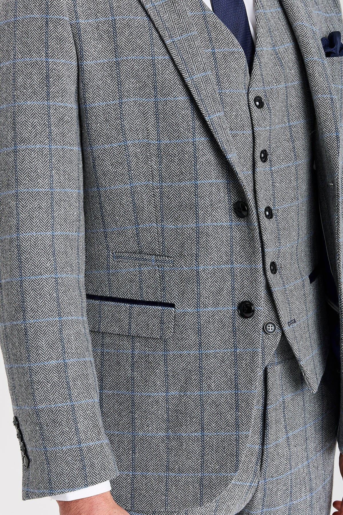 Harris - Men's Grey Tweed Herringbone Check Blazer