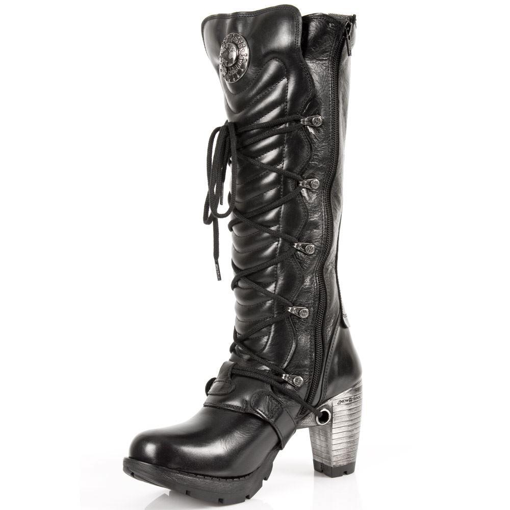 New Rock TR004-S1 Ladies Black 100% Leather Buckle Lace Knee High Biker Boots - Knighthood Store