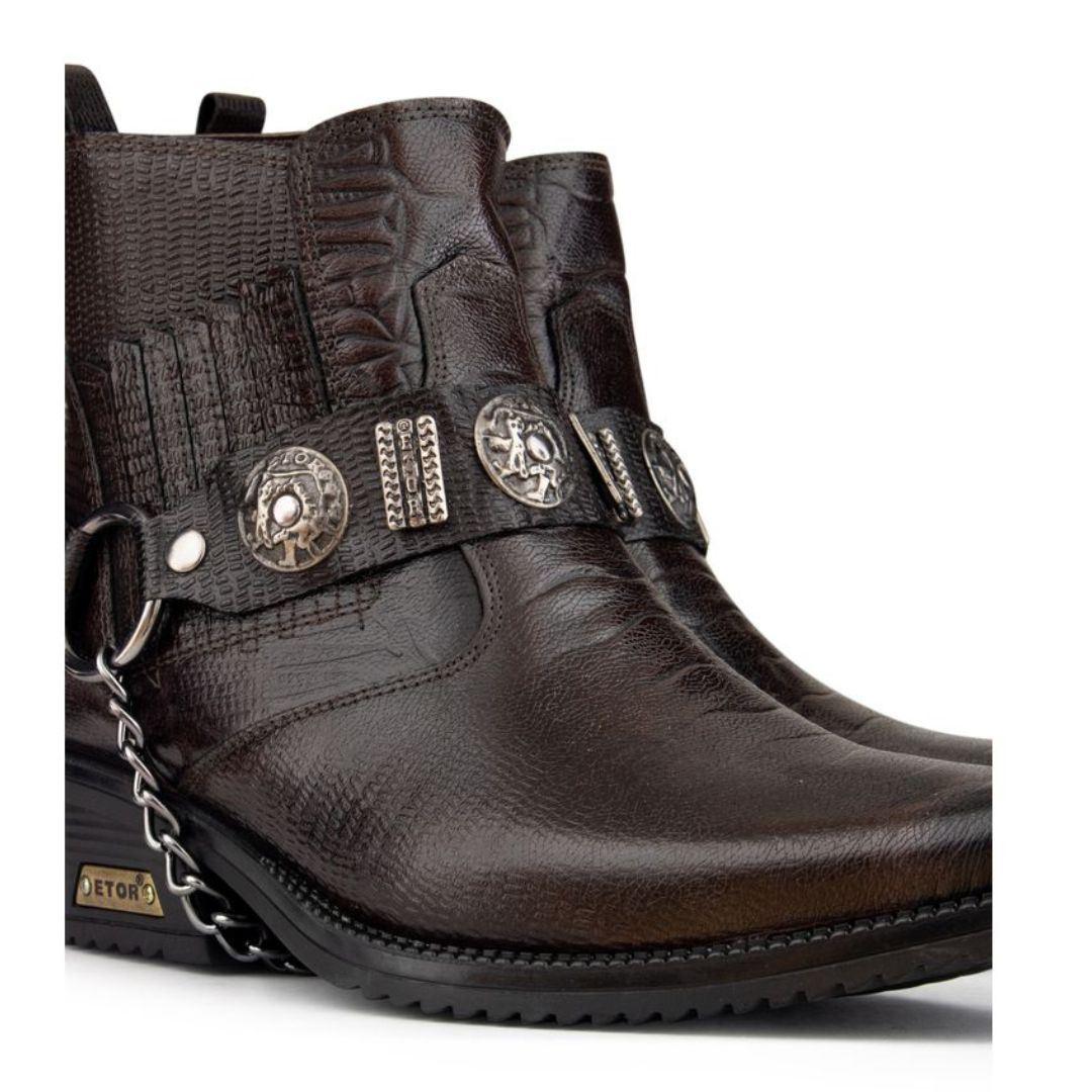 Mens Real Leather Cowboy Riding Ankle Boots Chain Western Heel Dancing - Knighthood Store