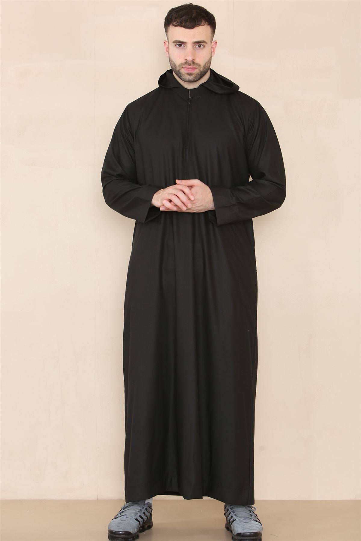 Mens Hooded Thobe Hood Jubba Nehru Stand Collar Islamic Clothing Muslim Kaftan Robe Saudi Slim Regular Fit